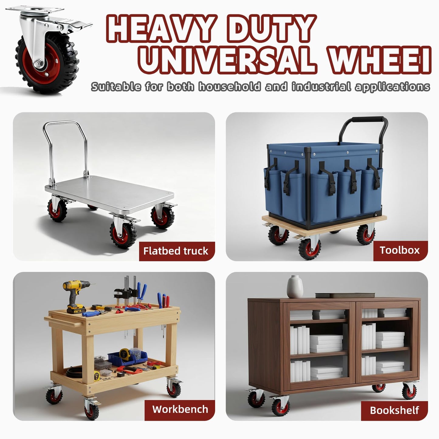 5 Inch Caster Wheels Heavy Duty with Dual-Lock Safety Brake and Rubber Tire Wheels, Heavy Duty - 400 Lbs Per Caster for Workbench, Trolley, Cabinet, Swivel Rubber Wheel 4-Packs with mounting Hardware