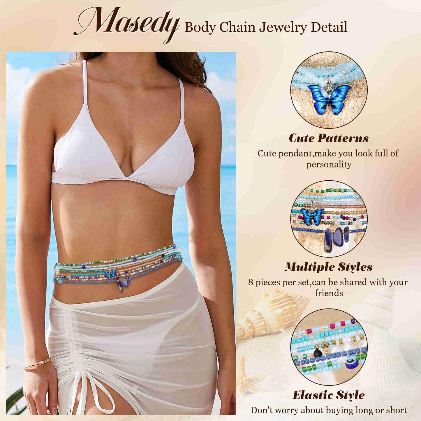 Masedy 8PCS African Waist Bead Chains for Women Layered Belly Body Chain Handmade Plus Size Beaded Belly Chain Colorful Elastic Flower Butterfly Body Chains Summer Beach Bikini Body Jewelry 31in C