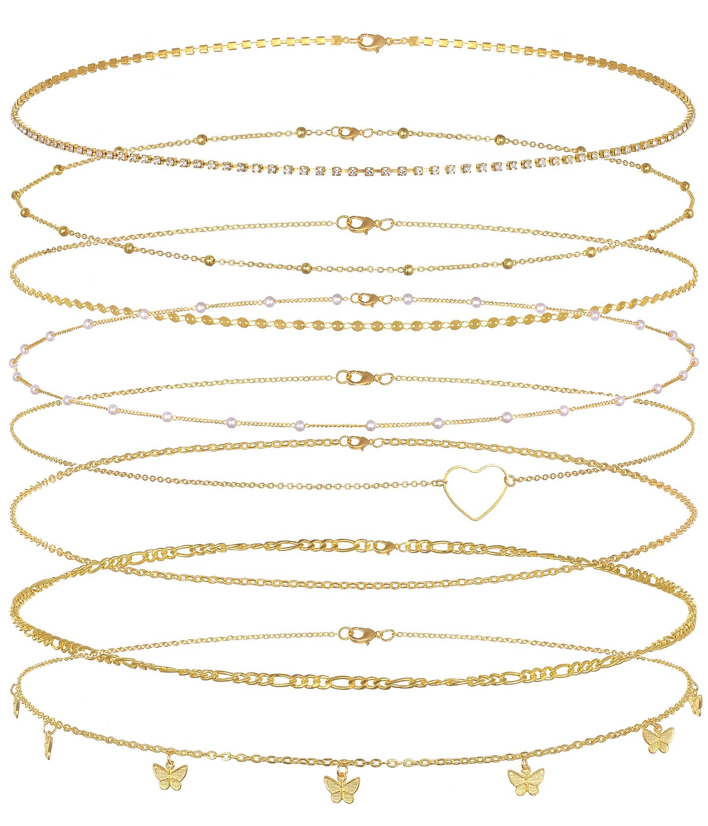 Tornito 8Pcs Waist Belly Chain 18K Gold Plated CZ Heart Butterfly Pearl Snake Bead Sequin Paperclip Belly Chain Summer Beach Sexy Body Chains Jewelry Accessories for Women Adjustable