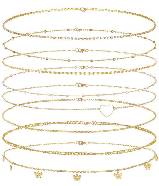 Tornito 8Pcs Waist Belly Chain 18K Gold Plated CZ Heart Butterfly Pearl Snake Bead Sequin Paperclip Belly Chain Summer Beach Sexy Body Chains Jewelry Accessories for Women Adjustable