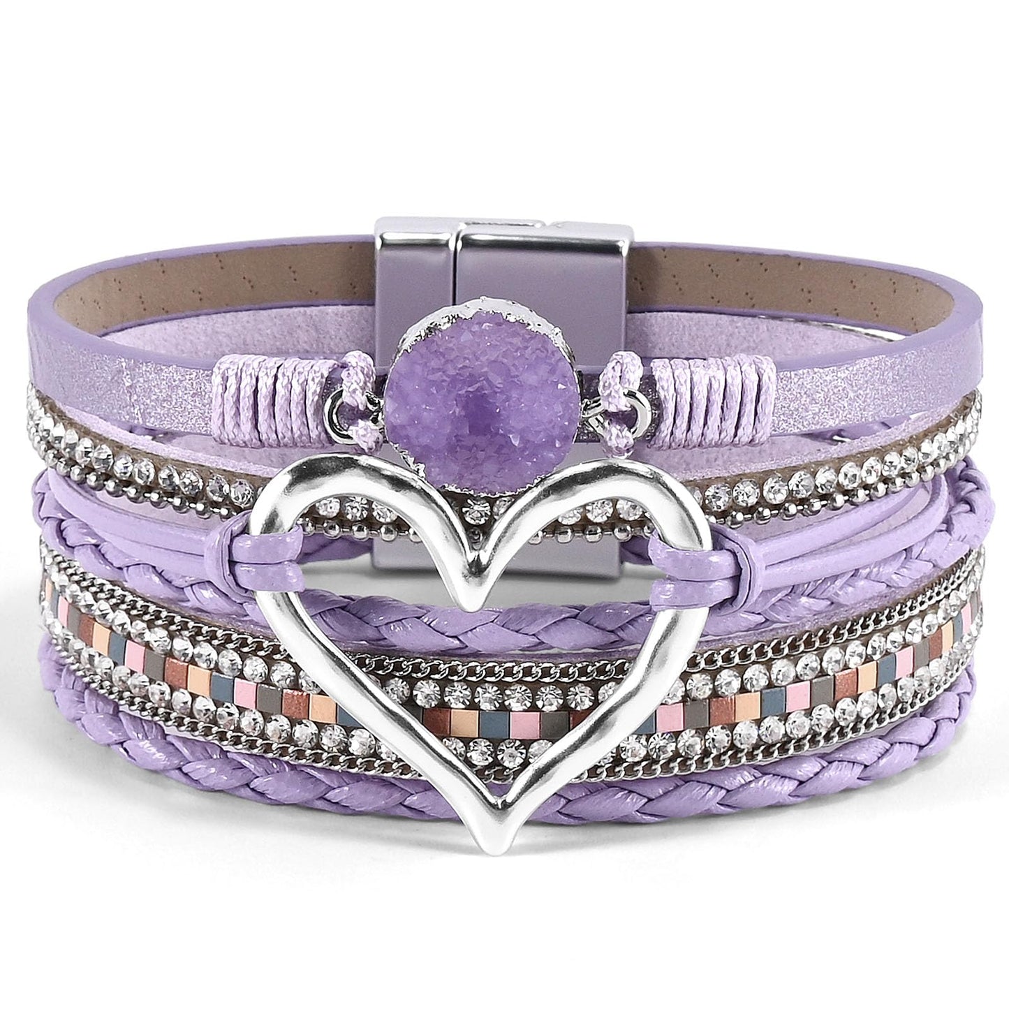 VIBILIA Boho Leather Wrap Bracelets for Women Heart Multi-Layer Bracelets with Strong Clasp Jewelry for Women - Purple
