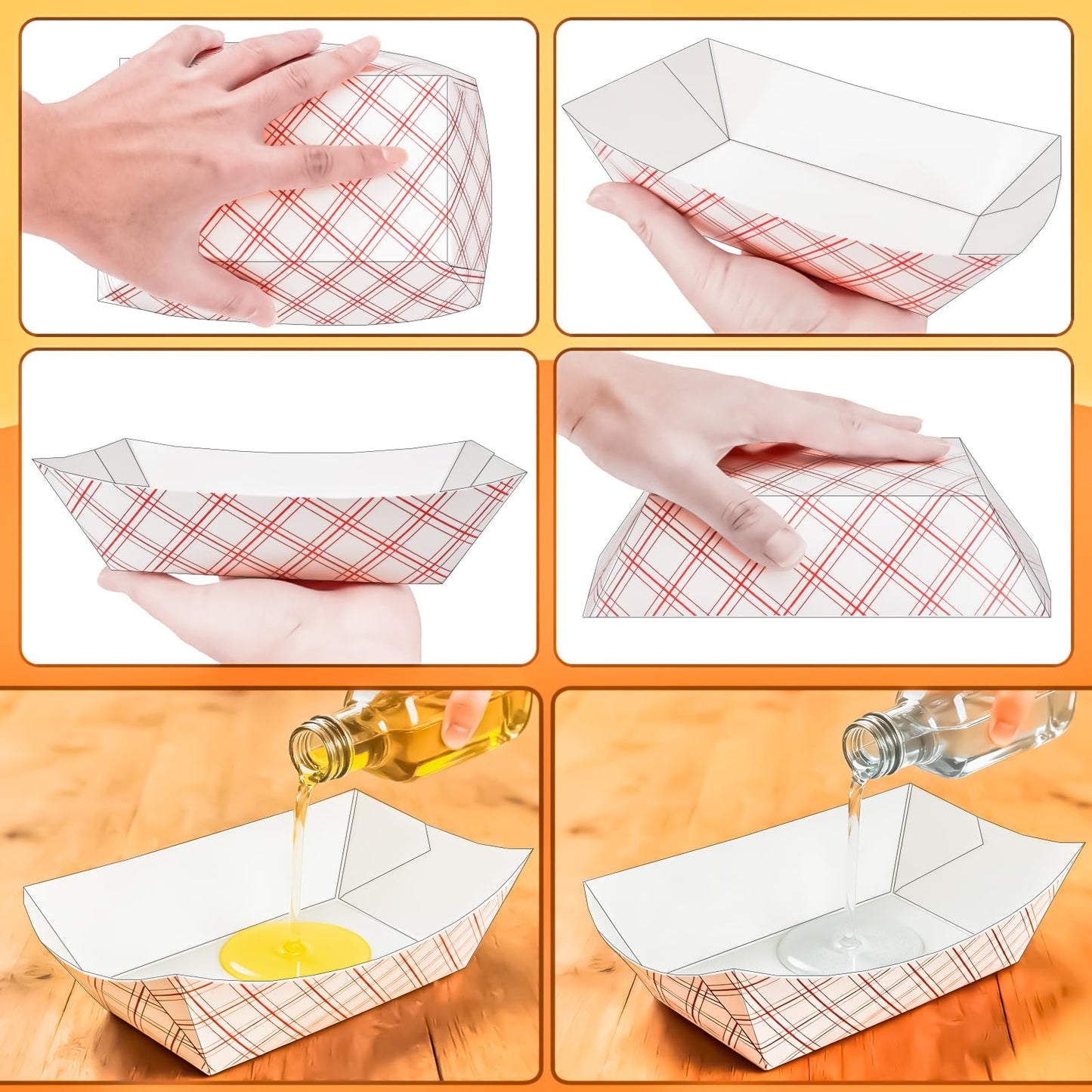 MotBach 100 Pack Extra Large 4Lb Paper Food Boats Trays Disposable Paper Boat Containers, Checkered Kraft Food Serving Tray Boats Baskets for Snack Popcorn BBQ Hot Dog Burger Sandwich Taco Fries Nacho