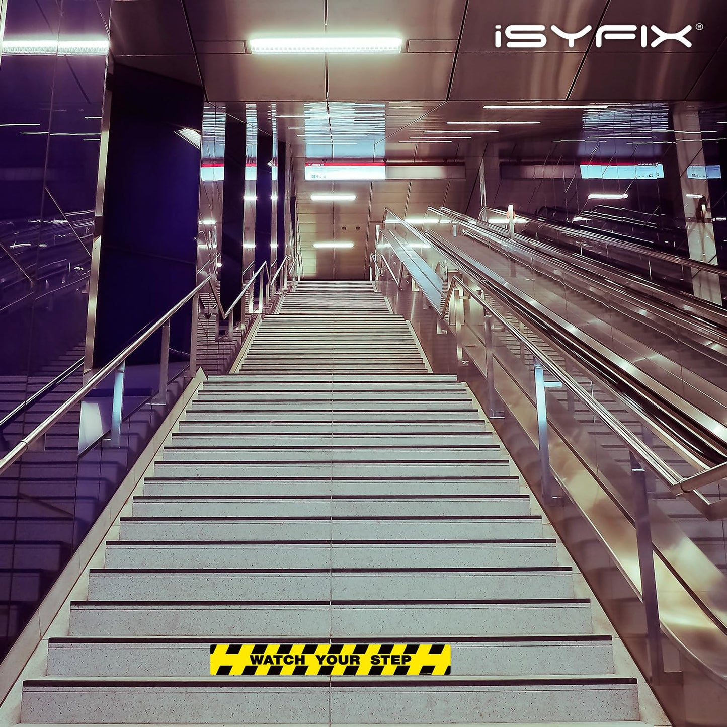 iSYFIX Watch Your Step Floor Decals Stickers - 6 Pack 40x5 Inch - Premium Self-Adhesive Vinyl, Laminated Anti-Slip, Water Resistance, Sticker Indoor & Outdoor
