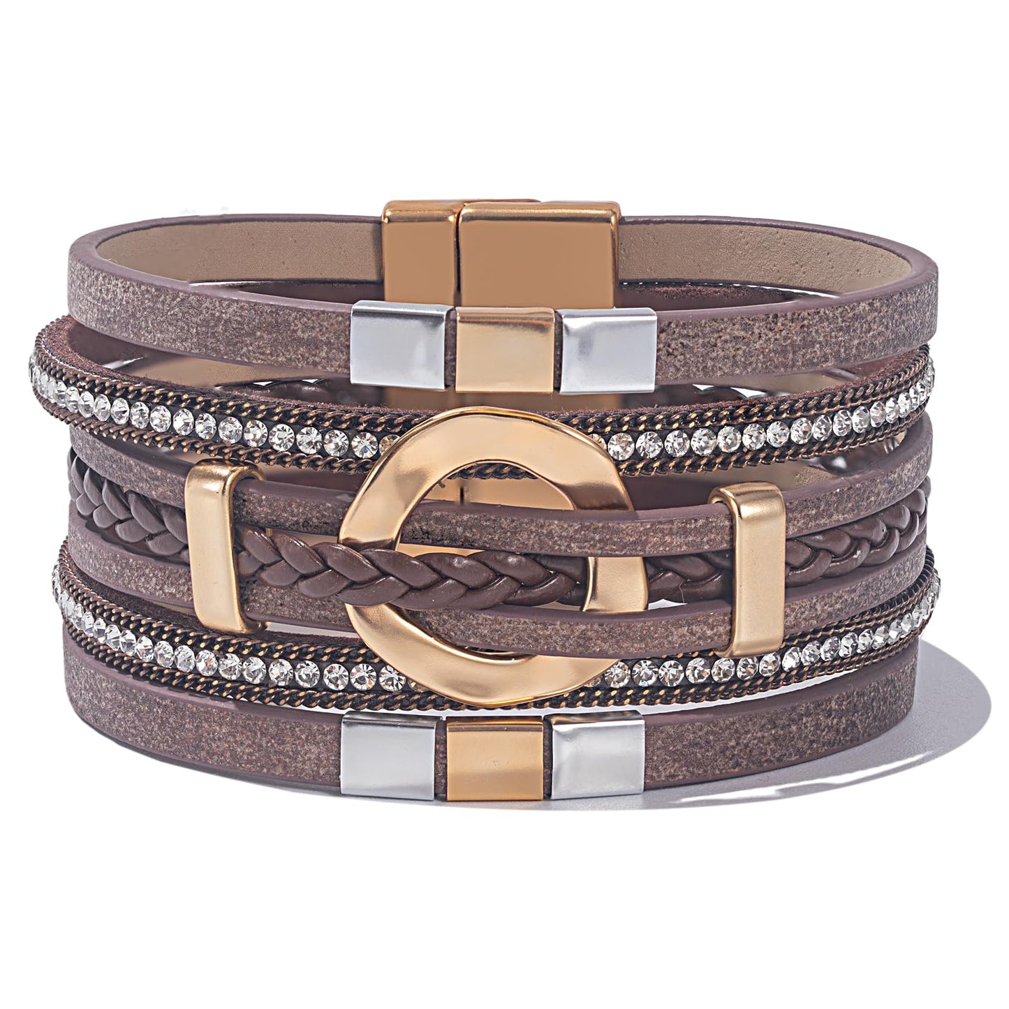 FANCY SHINY Boho Leather Wrap Bracelets Circle Square Bead Braided Handmade Stackable Bracelet Trendy Cuff Bangle for Women(Brown)