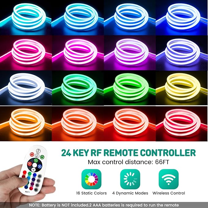 GZBtech RGB LED Neon Rope Lights 133FT/40M, AC 110-120V Waterproof Color Changing LED Rope with Remote Control, Dimmable Multi Color Strip Lighting for Indoor Outdoor Commercial Use, ETL Listed
