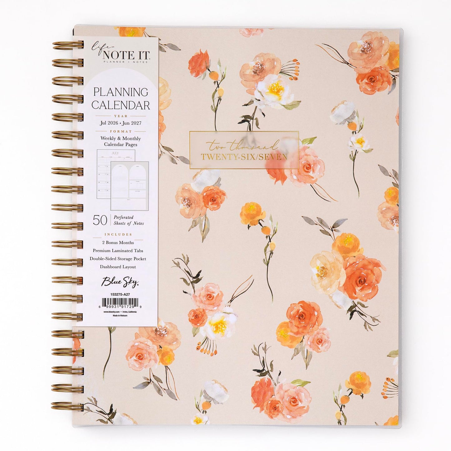 Blue Sky Life Note It 2026-2027 Academic Year Weekly and Monthly Planner, July 2026 - June 2027, 8.5” x 11”, Flexible Cover, Laminated Tabs, Wirebound, Storage Pocket, Hannah