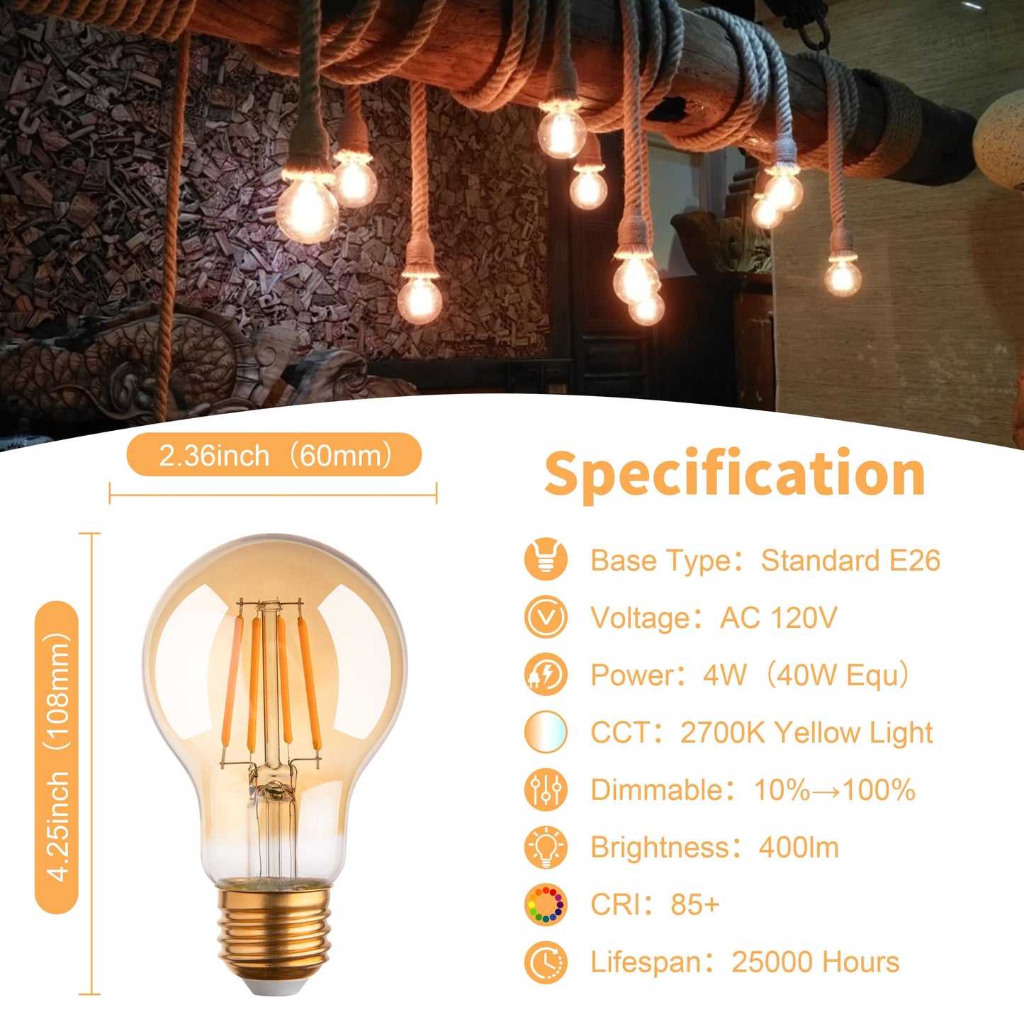 runquiz 2700K Warm Light Edison Bulbs, Vintage Warm Yellow A19 Edison Bulb, Dimmable Amber Led Soft Light Bulbs, Old Style Retro Filament Bulb, 4 Watt, 6 Pack, E26 Base