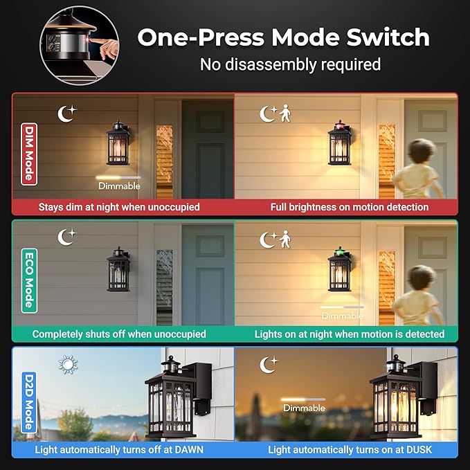Motion Sensor Outdoor Lights with GFCI Outlet, 2-Pack ORB Dusk to Dawn Outdoor Lights, 5 Lighting Modes Exterior Light Fixture for House Front Door Patio Garage, Brightness Distance Adjustable