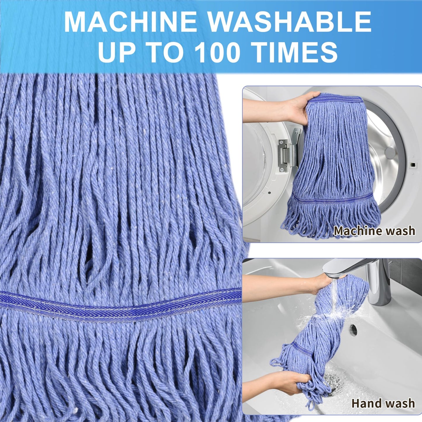 HiBaby Commercial Mop with Extra Head Replacement, 63Inch Handle Heavy Duty Industrial Mop Looped-End String Wet Mops for Floor Cleaning for Warehouse, Workshop, Garage, Office, Home (2 Mops Head)