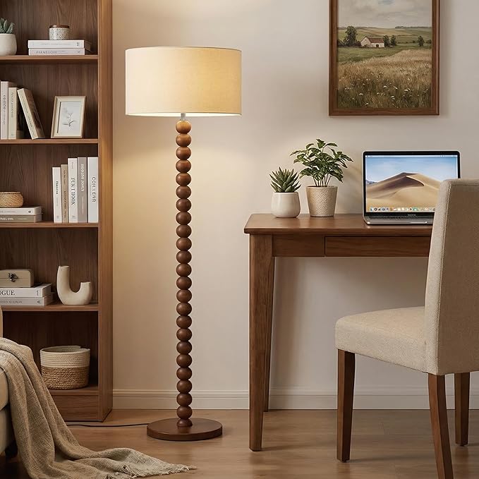 Buruis 61" Beaded Wood Floor Lamp with 17.2" Large Linen Shade, UL Listed, Retro Mid-Century Accent Walnut Finish Standing Lamp for Living Room, Bedroom, Office, Corner, Beige
