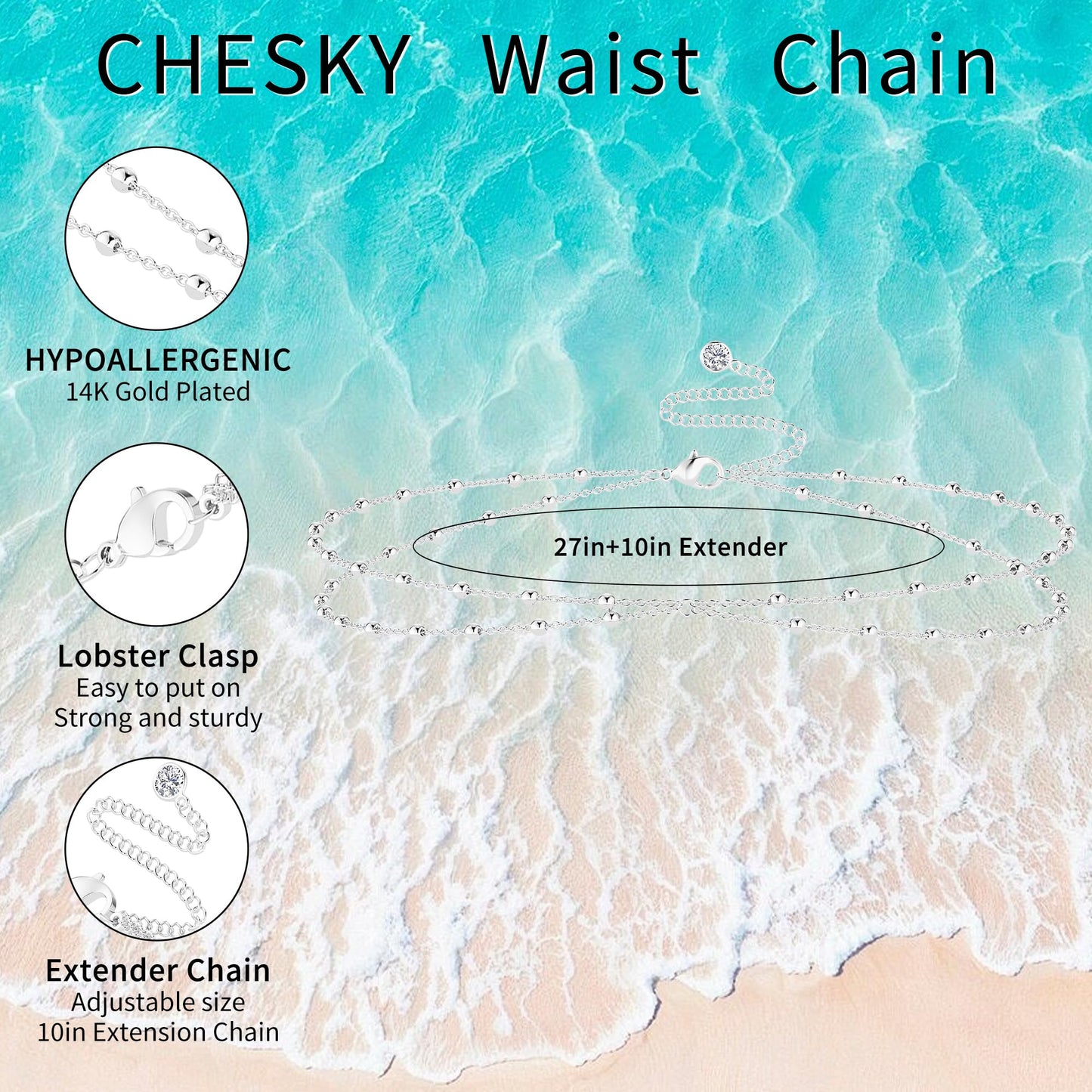 CHESKY Waist Chain for Women, Silver Plated Belly Chain for The Waist Adjustable Waterproof Sexy Bikini Pearl Satellite Chain Non Tarnish Body Chian Jewelry Gifts for Women