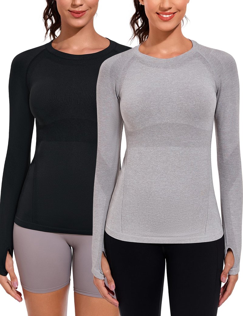 WANAYOU Long Sleeve Workout Tops for Women, 2 Pack Underscrub Long Sleeve Women, Compression Athletic Running Shirts Seamless Dry Fit with Thumb Hole Gym Yoga Black Grey S