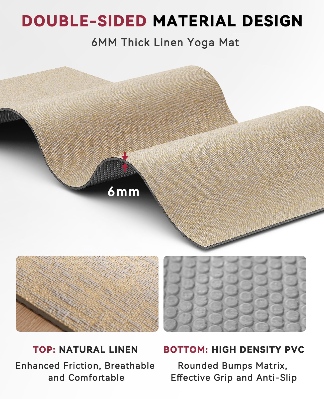 HAPBEAR Extra Large Yoga Mat 84''x30''- 1/4'' Thick Natural Linen, Non-Slip Tear-Resistant for Yoga, Meditation, Pilates, Floor Exercises with Free Carrying Bag