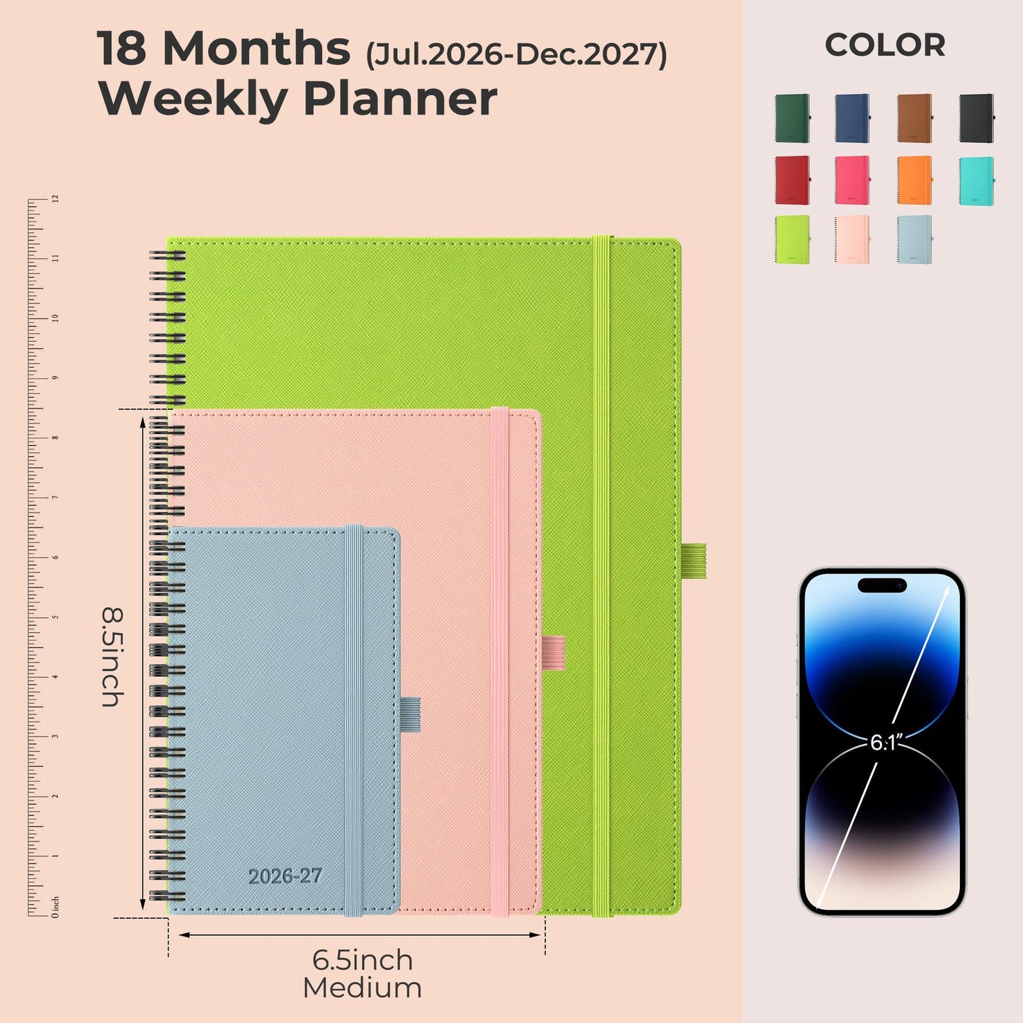 IN-LUXPRO Planner 2026-2027 Daily Weekly and Monthly,8.5"x6.5",18 Months Spiral Bound Calendar Agenda with Self-adhesive Pen Holder,2026 Academic Plan with Vegan Leather Soft CoverPink