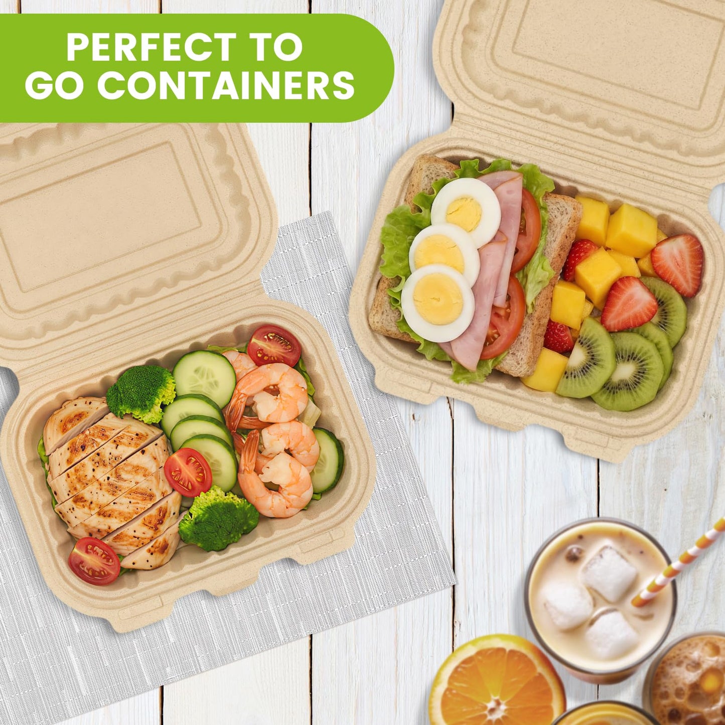Clamshell Take Out Food Containers, 50 Pack-22oz Disposable Meal Prep Containers Natural Rice Husk Material Durable To Go Containers for Pasta Salad Snacks Taco Chinese Food Restaurants 8"X6"X2.5"