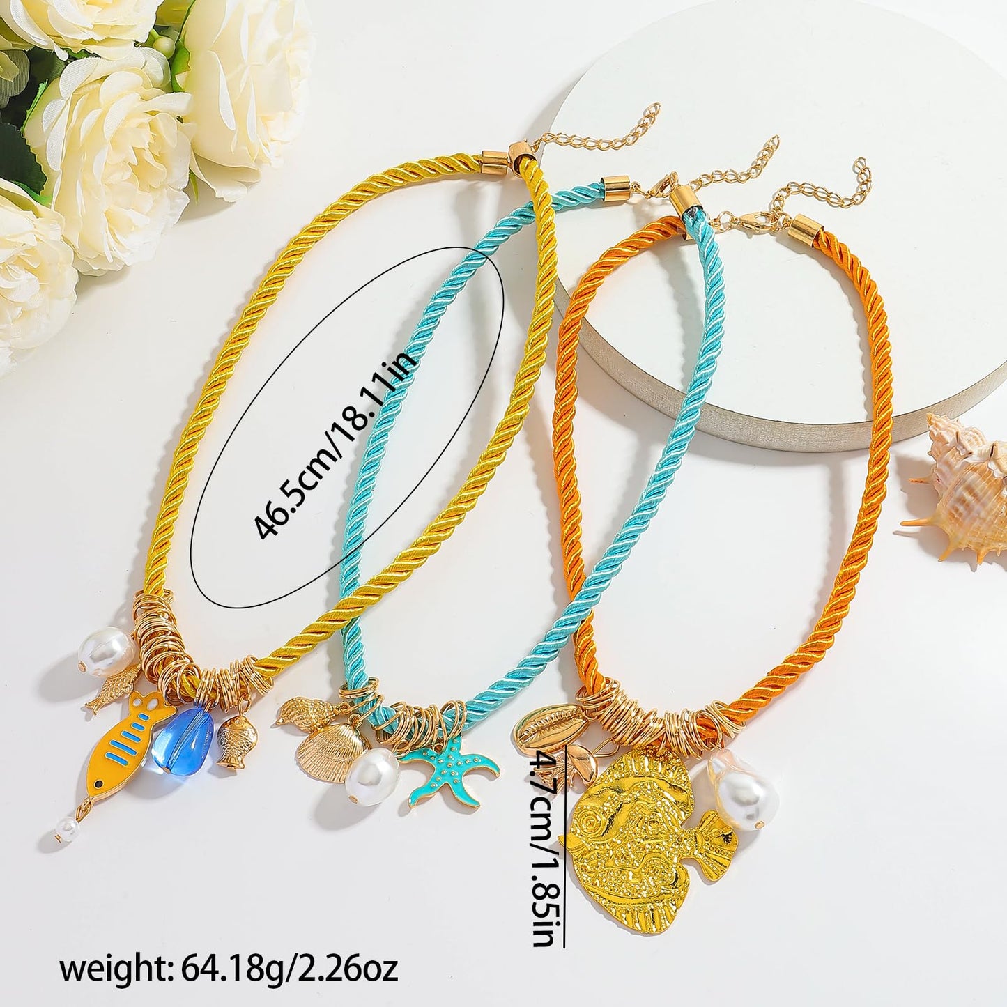 Dvacaman 3Pcs Boho Layered Beach Style Pendant Rope Necklace for Women, Summer Fish Shell Starfish Charms Necklace Jewelry Gift for Beach Party Festival