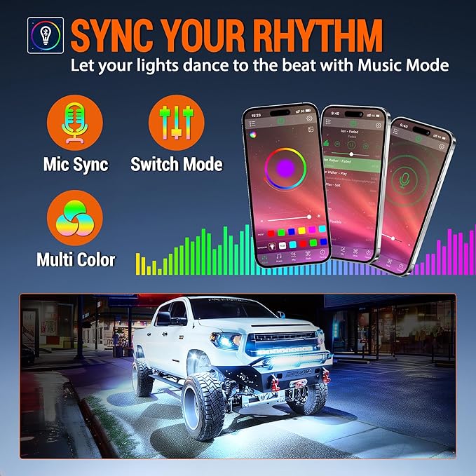 RGB Rock Lights, 8 pods Underglow Neon Lights Kits，APP/RF Remote Control & Music Mode, Waterproof Wireless Multicolor Lamps for Off Road Truck SUV ATV UTV Boat
