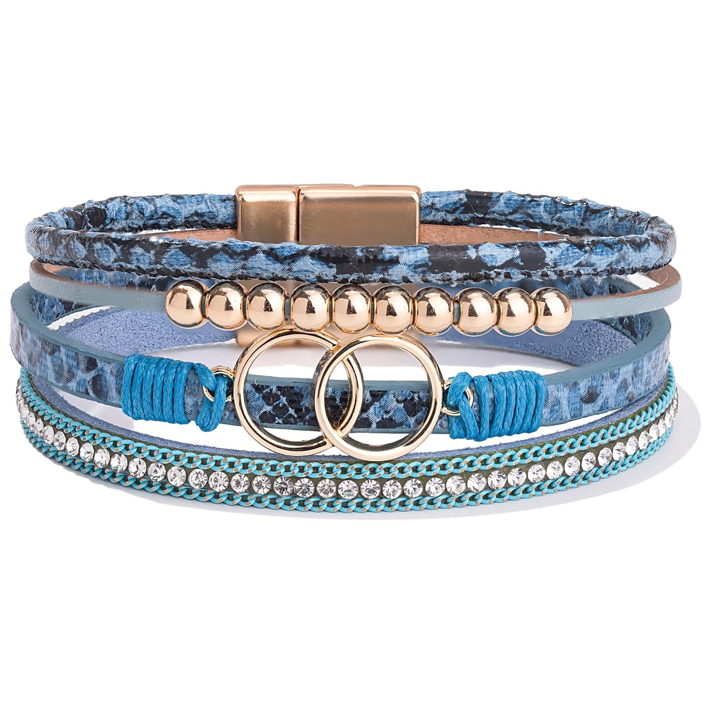 FANCY SHINY Boho Leather Wrap Bracelet Stackable Beaded Infinity Chunky Cuff Bracelets with Magnetic Clasp Western Hippie Outfits Jewelry Gifts for Women(Snakeskin Blue)