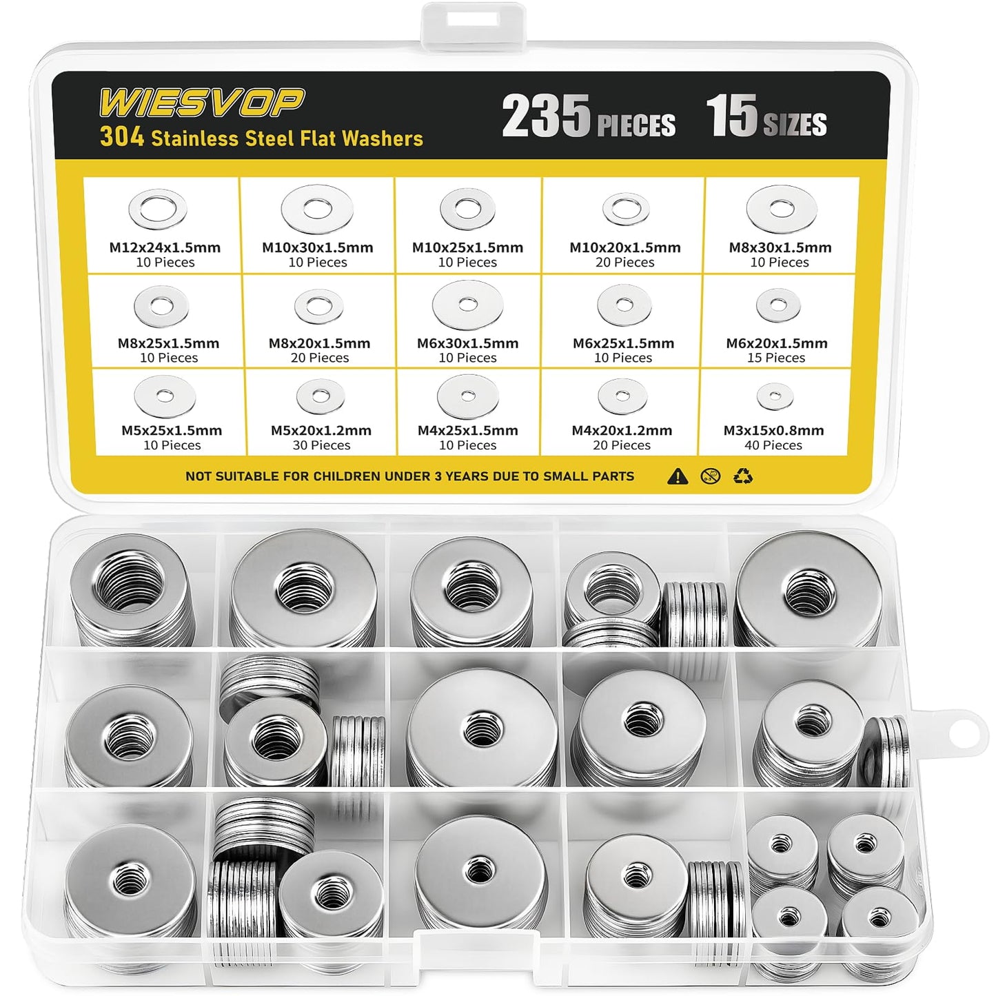 WIESVOP 235Pcs Fender Washers, 304 Stainless Steel Flat Washers Assortment Kit, 15 Different Sizes M3 M4 M5 M6 M8 M10 M12 Metal Washers for Screws Bolts Hardware for Various Home Industrial Automotive