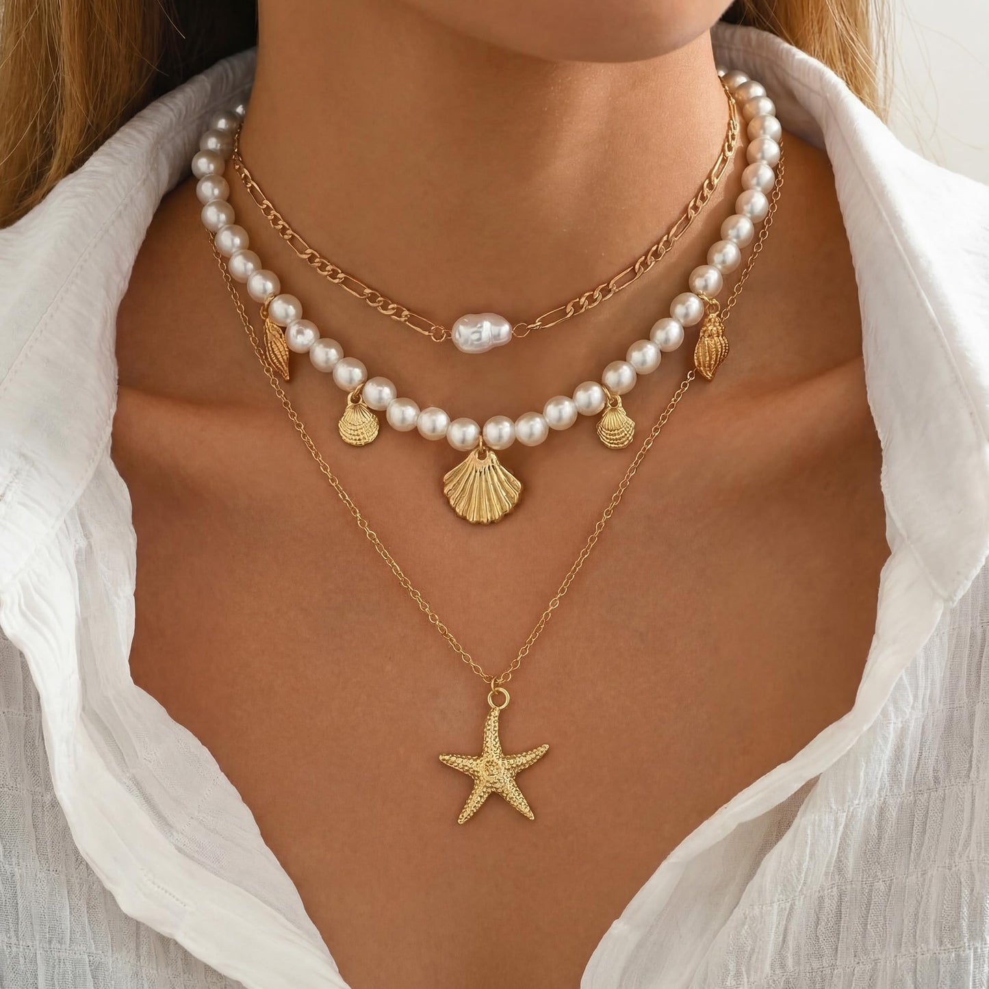 Shell Starfish Necklace for Women, Gold Plated Layered Pendant Necklace with Pearl Conch Charms, Boho Coastal Summer Beach Vacation Jewelry Gifts(Pearl&Starfish)