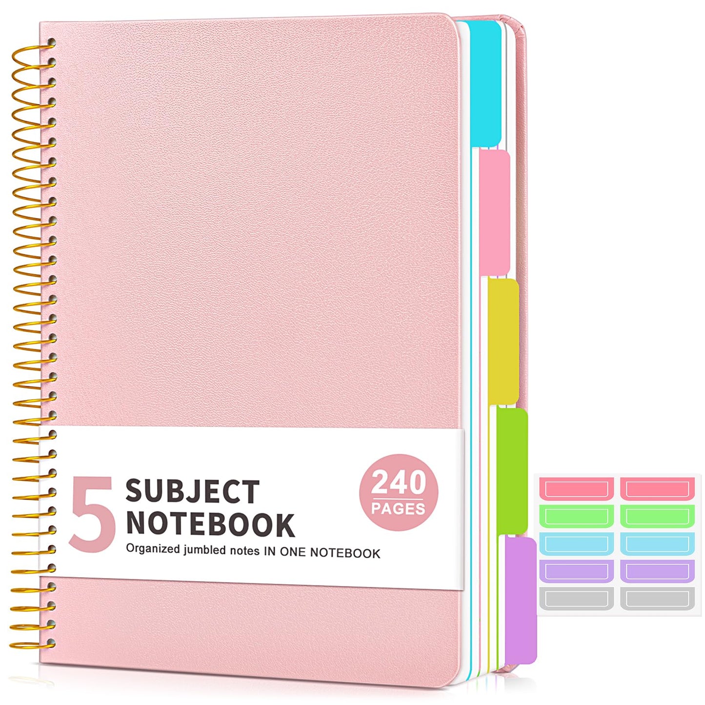 5 Subject Notebook College Ruled with Removable Pocket Dividers Tabs, 240 Pages Spiral Notebook 8.5 x 11, Lined Journal Notebook for Women , Hardcover Notebooks for Work School Note taking A4 Pink