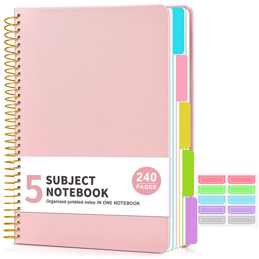 5 Subject Notebook College Ruled with Removable Pocket Dividers Tabs, 240 Pages Spiral Notebook 8.5 x 11, Lined Journal Notebook for Women , Hardcover Notebooks for Work School Note taking A4 Pink