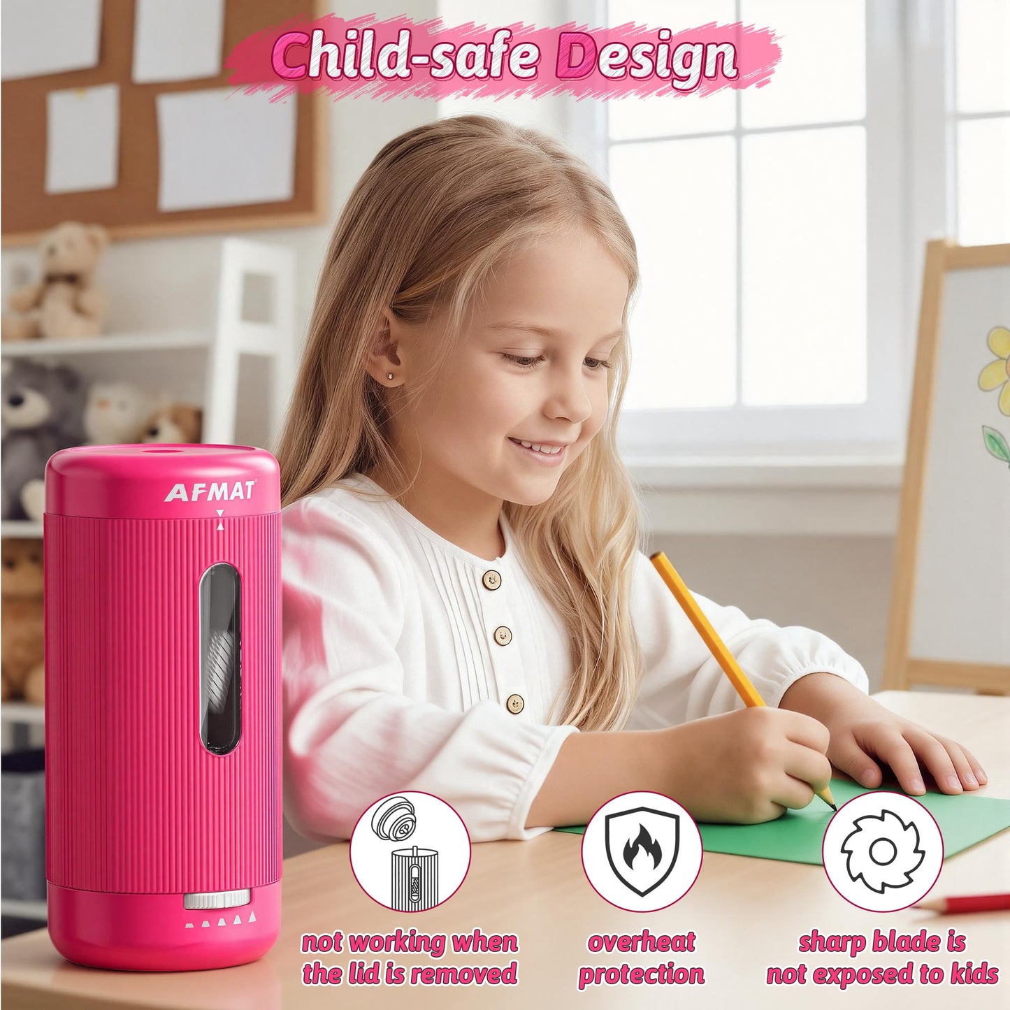 AFMAT Electric Pencil Sharpener, Auto in & Out, 5 Nibs, 7K+ Uses, Fully Automatic Classroom Pencil Sharpener, Rechargeable Hands-Free Sharpeners for Jumbo/Colored Pencils (φ6.5-12mm) PSC3(Rose Red)