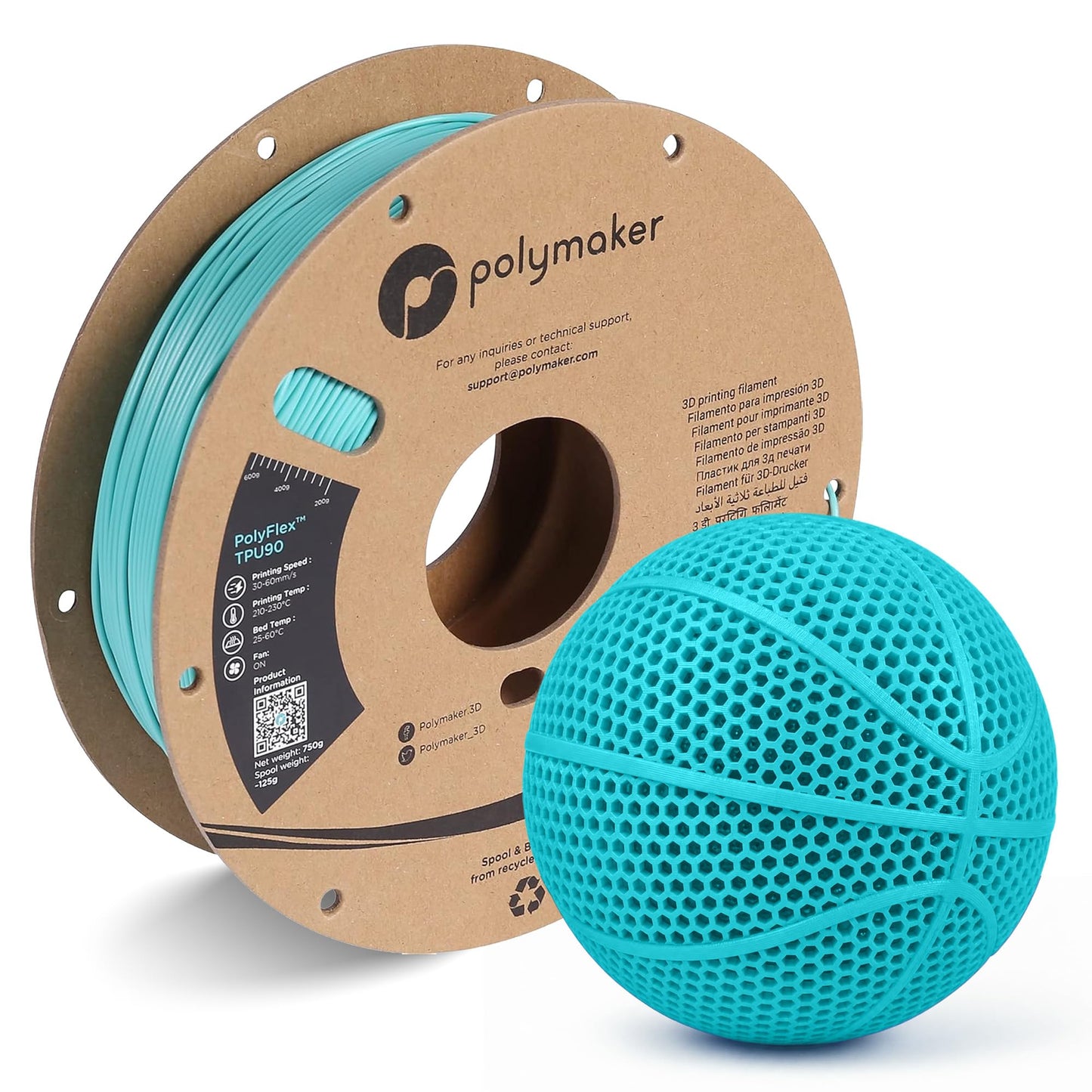 Polymaker TPU Filament 1.75mm Polymaker Teal, 0.75kg Shore 90A Flexible 3D Printer Filament 1.75mm - PolyFlex TPU90 3D Printing TPU Filament 0.75kg Teal Soft Flexible Filament