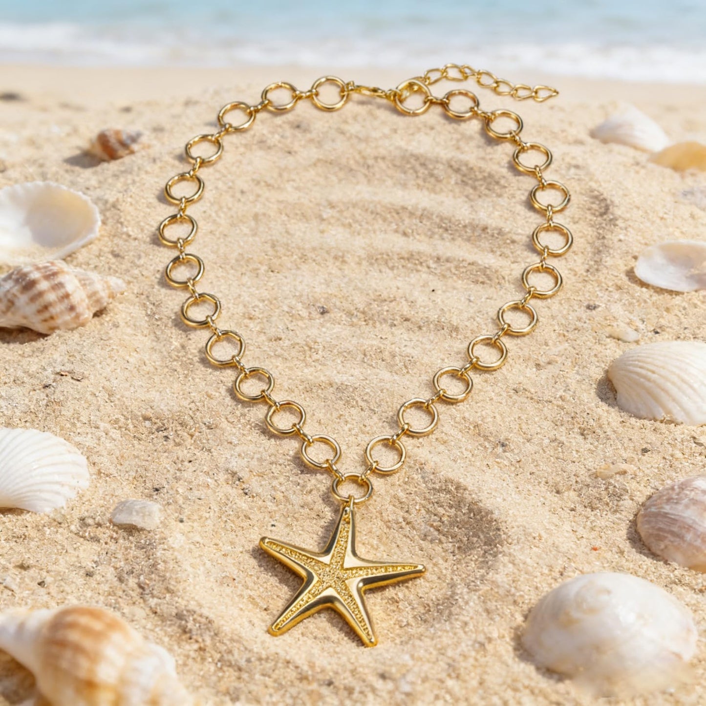 HIHETE Big Star Spiral Necklace Gothic Chunky Pentagram Vortex Pendent Choker, Starfish Seashell Pendant Necklace for Women, Trendy Vacation Star Jewelry Gift (Golden)