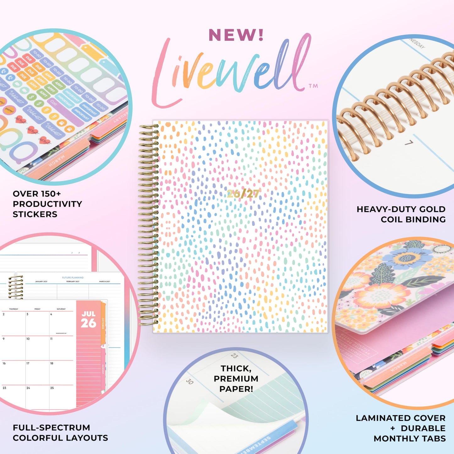 Blue Sky Livewell 2026-2027 Weekly and Monthly Academic Year Planner Calendar, July 2026 - June 2027, 7" x 9", Flexible Cover, Wirebound, Colorful Interior, Laminated Tabs, Storage Pocket, Includes Stickers, Rainbow