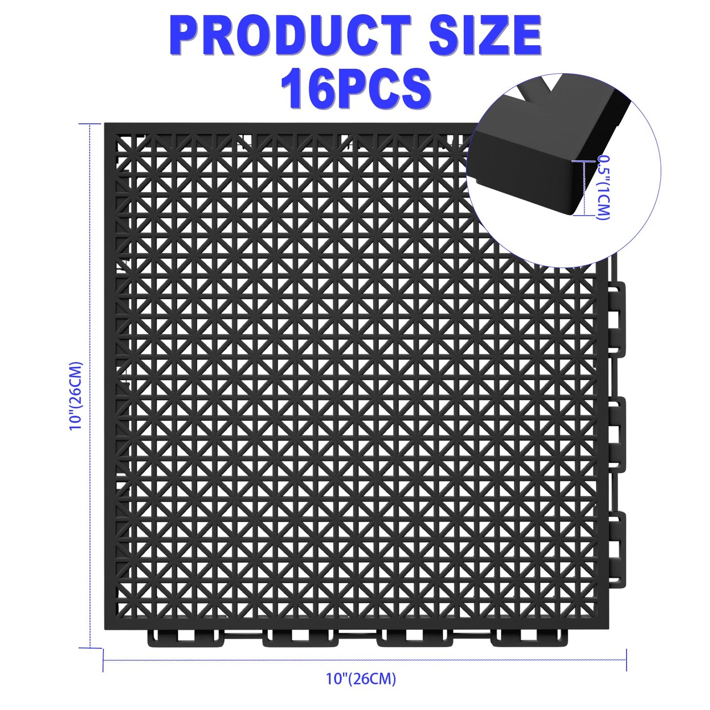 16 PCS Modular Interlocking Cushion Interlocking Floor Tiles with Hole Drainage Mat 10" x 10" Non Slip Pool Deck Mat Outdoor for Drain Deck Pool Patio Shower Kitchen Balcony (Black&Grey)