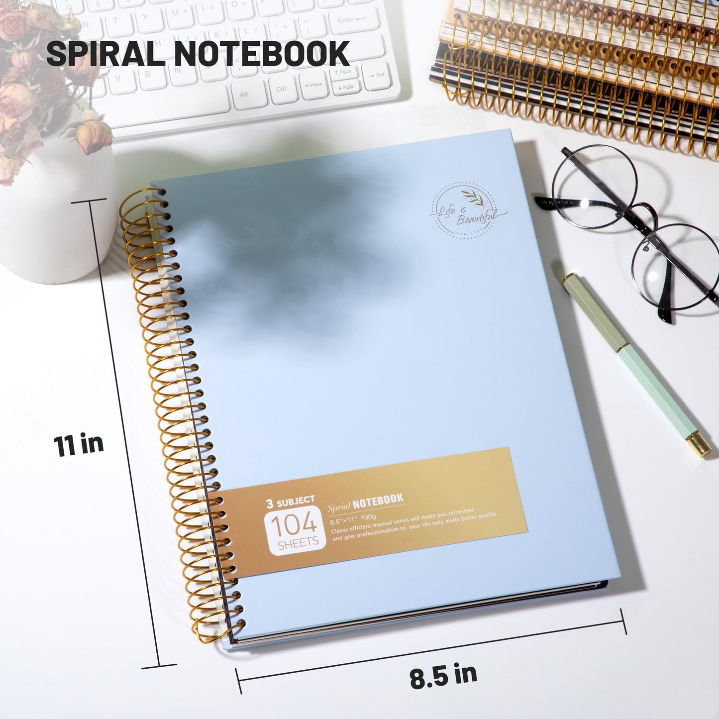 FLYING EAGLE 3 Subject Spiral Notebook Large Spiral Notebook 8.5 X 11, Blue Journal for Women Men, 100 GSM Thick Paper 104 Sheets, Hardcover Notebook for Work, School, Writing, Note Taking Blue