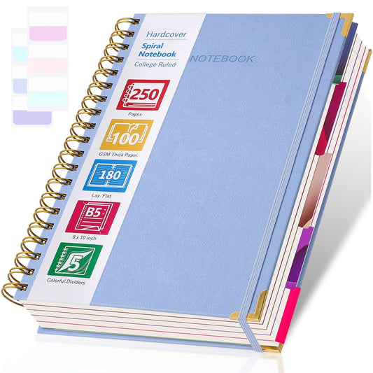 College Ruled Notebook, Spiral Notebook 8.5" x 11", Leather Hardcover Notebook Journal for Women Men, 5 Subject Notebook with Dividers, Journaling Notebooks for Work School, Large Lined Journal, Blue