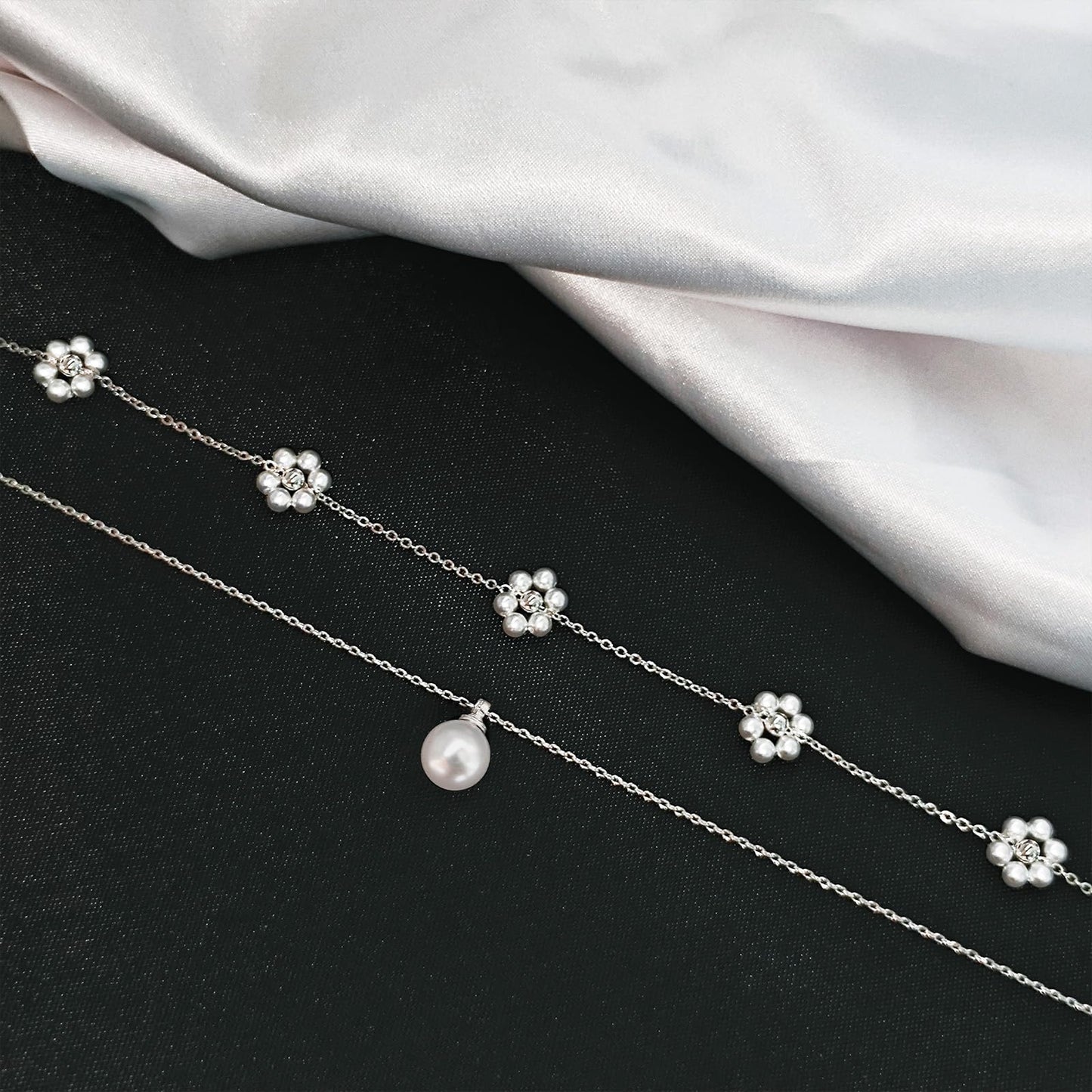 OGD Layered Silver Pearl Necklaces 925 Silver Plated Dainty Layered Single Simple Pearl Choker Chain Cute Daisy Pearls Choker Necklace Set Flower Necklaces for Women Trendy Jewelry Gifts