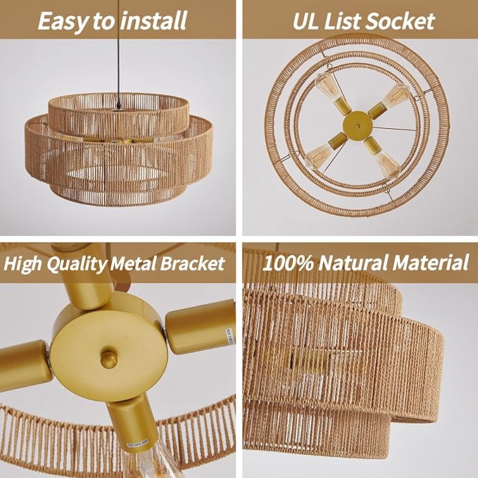 3-Tier Large Rattan Chandeliers, 23.6in Boho Coastal Pendant Lights, Hand Woven Hemp Rope Lighting Fixture, Wicker Hanging Ceiling Light for Living Room, Dining Room, Bedroom, Kitchen Island