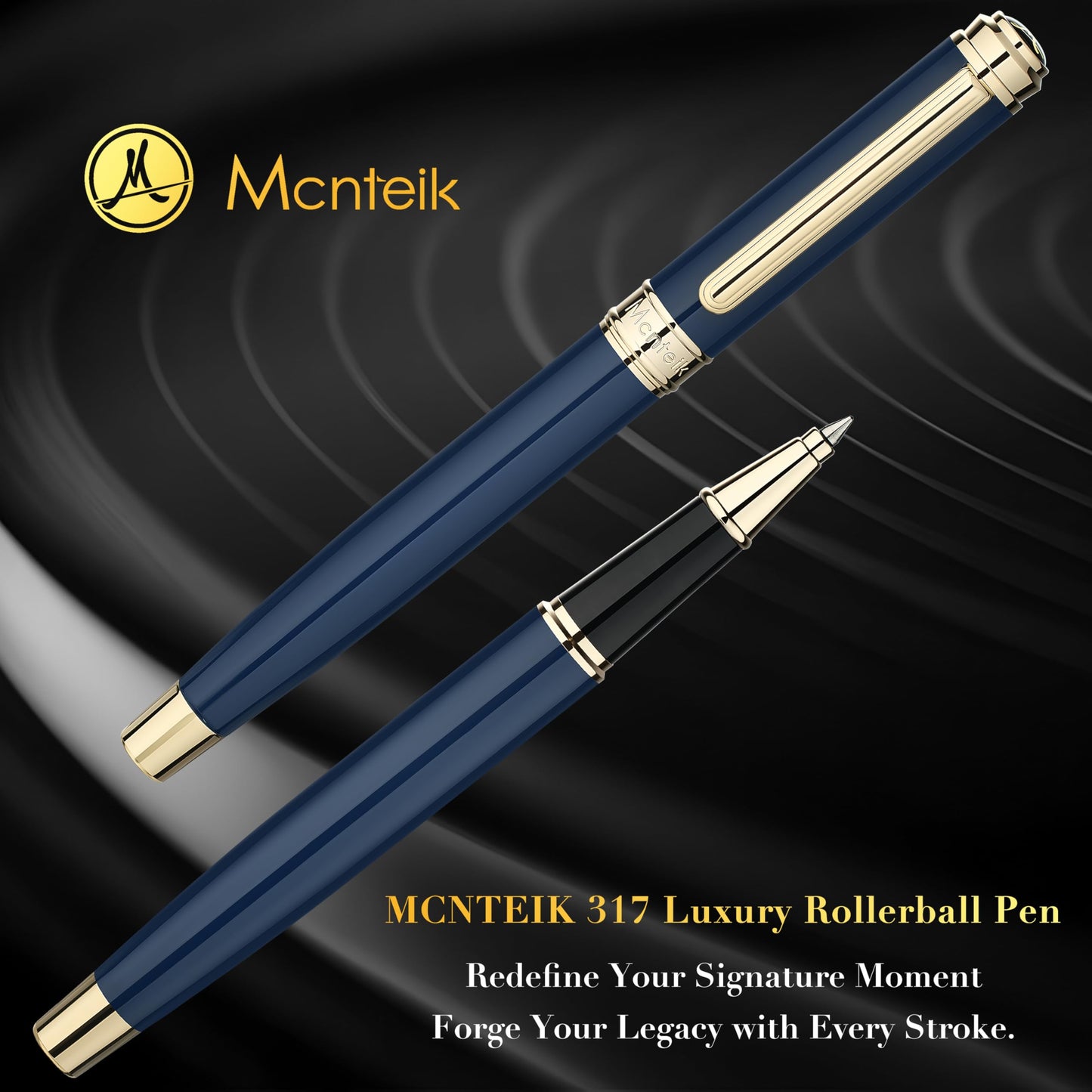 MCNTEIK 317 Rollerball - Stunning Luxury Blue Lacquer Pen with 24K Gold Finish, Schmidt Black Ink Refill, Fancy Gift Set for Men & Women, Professional, Graduation Executive Office, Nice Classic Pens