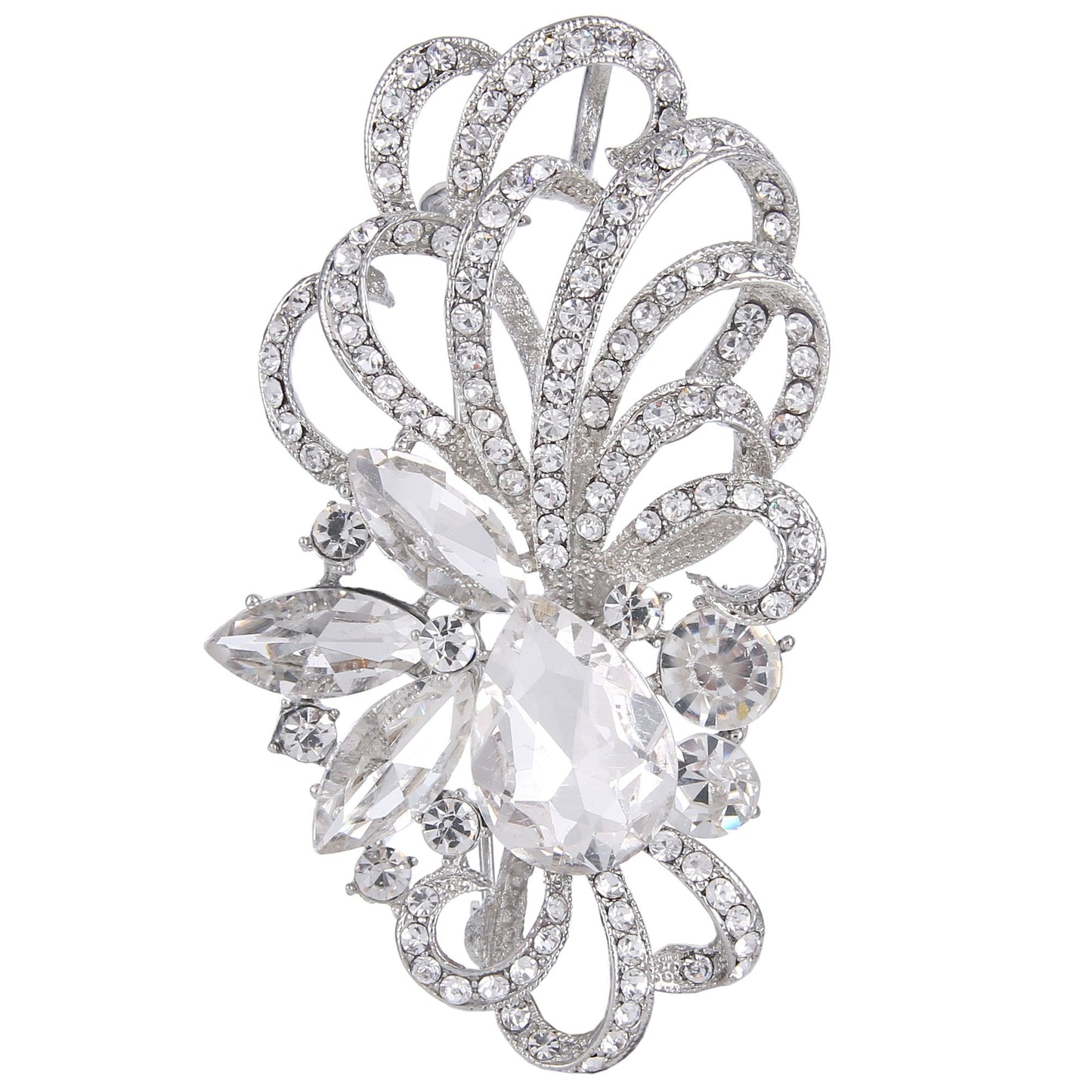 EVER FAITH Silver-Tone Austrian Crystal Bridal Flower Ribbon Teardrop Brooch Pendant Clear