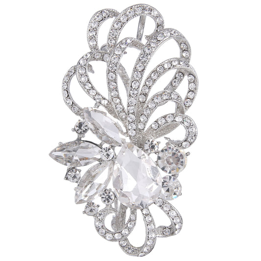 EVER FAITH Silver-Tone Austrian Crystal Bridal Flower Ribbon Teardrop Brooch Pendant Clear
