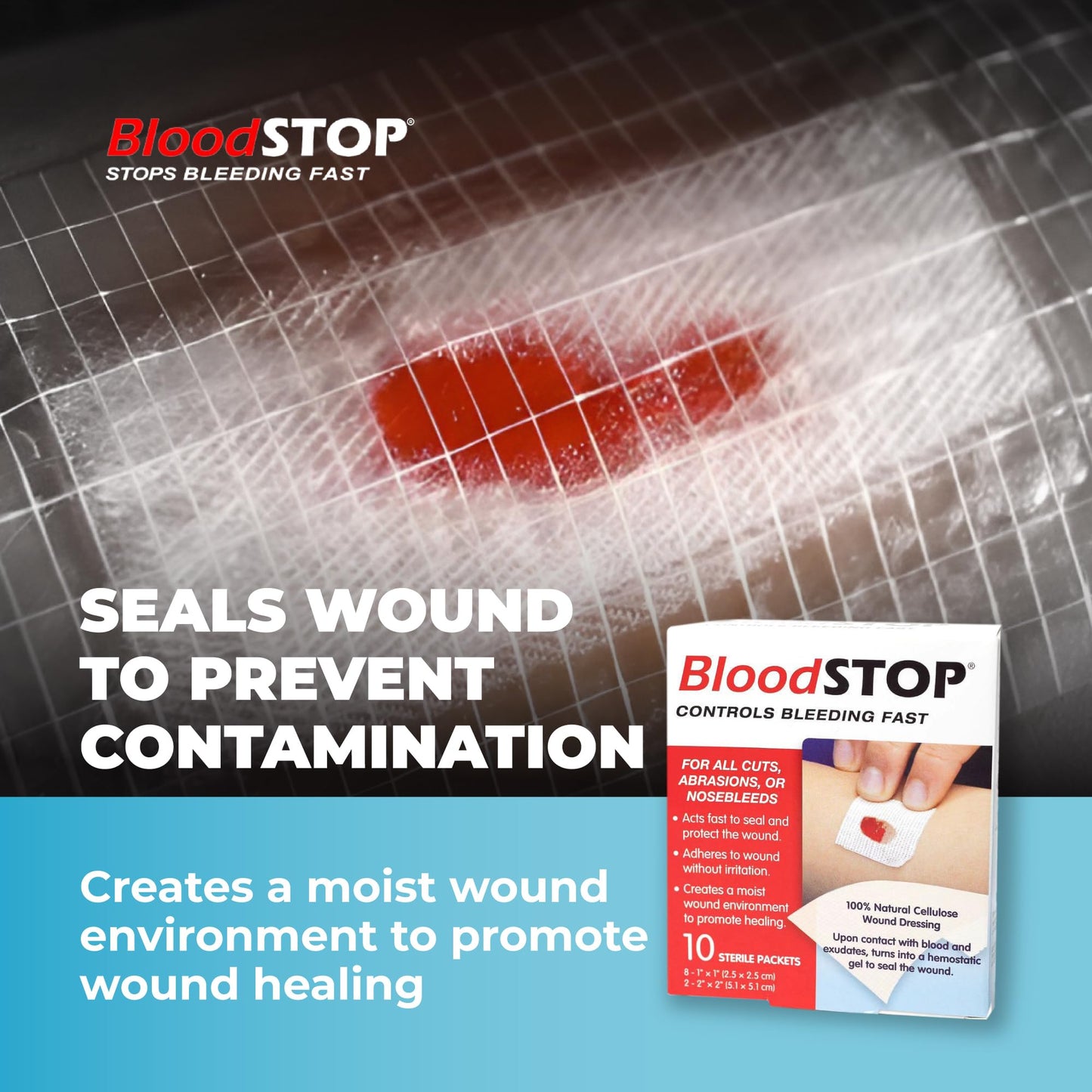 BloodSTOP-Hemostatic Dressing: Controls Bleeding Fast, Natural, Plant-Based Wound Dressing, Cuts, Road Rash, Abrasions, Nosebleeds, Bleeding Control Kit, Stop the Bleed Kit - Safe for All Ages, 10 Ct