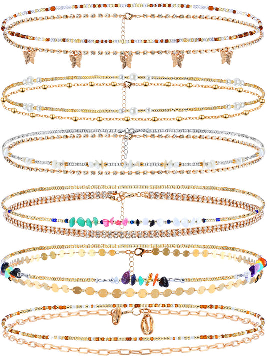 12 Pcs Waist Beads Body Jewelry Beach Bikini Belly Beads Waist Chains for Women Adjustable Belly Necklace Stomach Jewelry Chain Women's Body Chains (Simple Style)