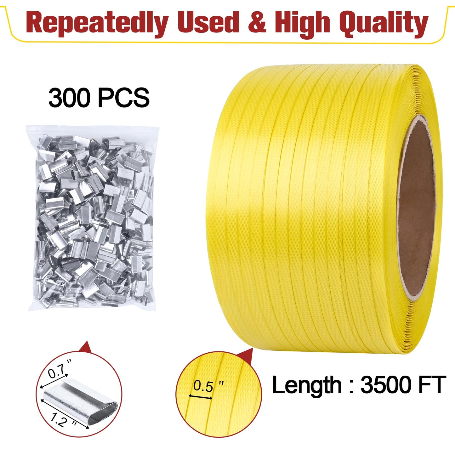 MYFAMIREA Heavy Duty Banding Strapping Kit with Tensioner Tool, 1/2" x 3500FT Polypropylene Plastic Packaging Strapping, 300 Metal Seals, Sealer Tool for Pallets, Logistics, Warehouse (Red)