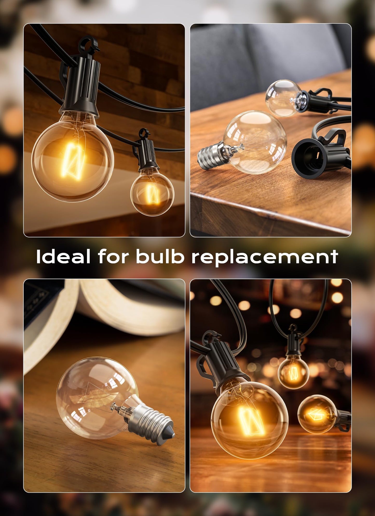 Brightown G40 Clear Light Bulbs Outdoor Light Bulbs Globe E12 Candelabra Screw Base, Incandescent Round Warm Replacement Glass Bulbs for Patio String Lights, 5W 120V, Pack of 50