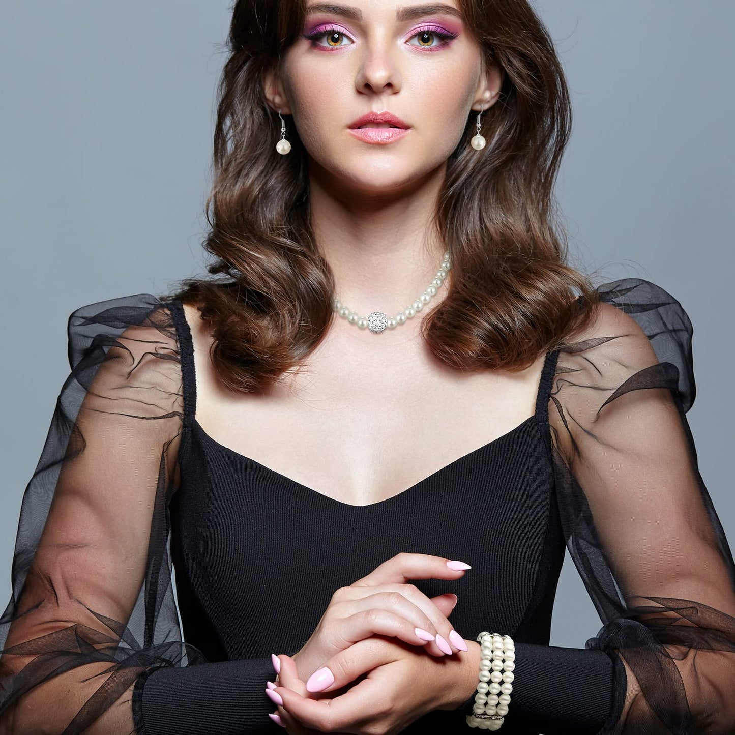 Glenmal Pearl Rhinestone Jewelry Set for Women Pearl Necklace Bracelet Earrings for Wedding Birthday Bridal Shower Tea Party(5 Pcs,Elegant Style)
