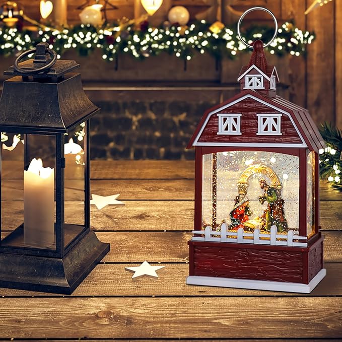 Eldnacele Musical Snow Globe Lantern with Timer, Lighted USB/Battery Operated Swirling Singing Water Glittering Snow Globes Lantern for Adults and Kids Christmas Decoration- Nativity