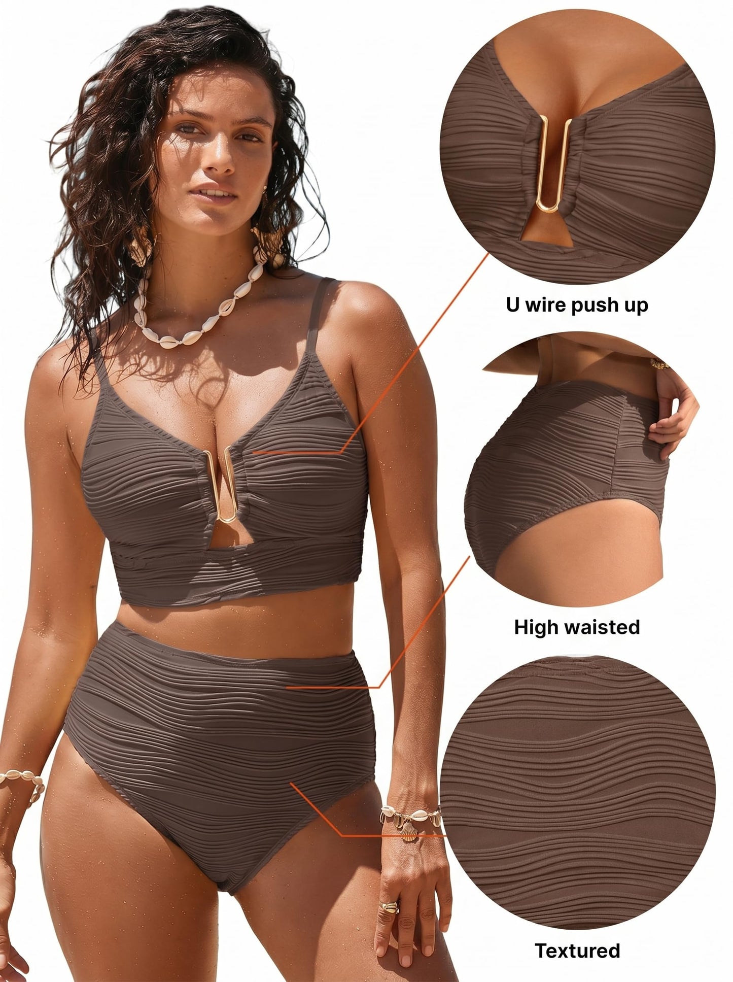 Herseas Women Two Pieces Textured Ruched Bikini Set Push Up V-Wired Cutout Bathing Suits High Waisted Spaghetti Straps Swim Suit Beautiful Flattering Beach Outfits Deep Brown Small