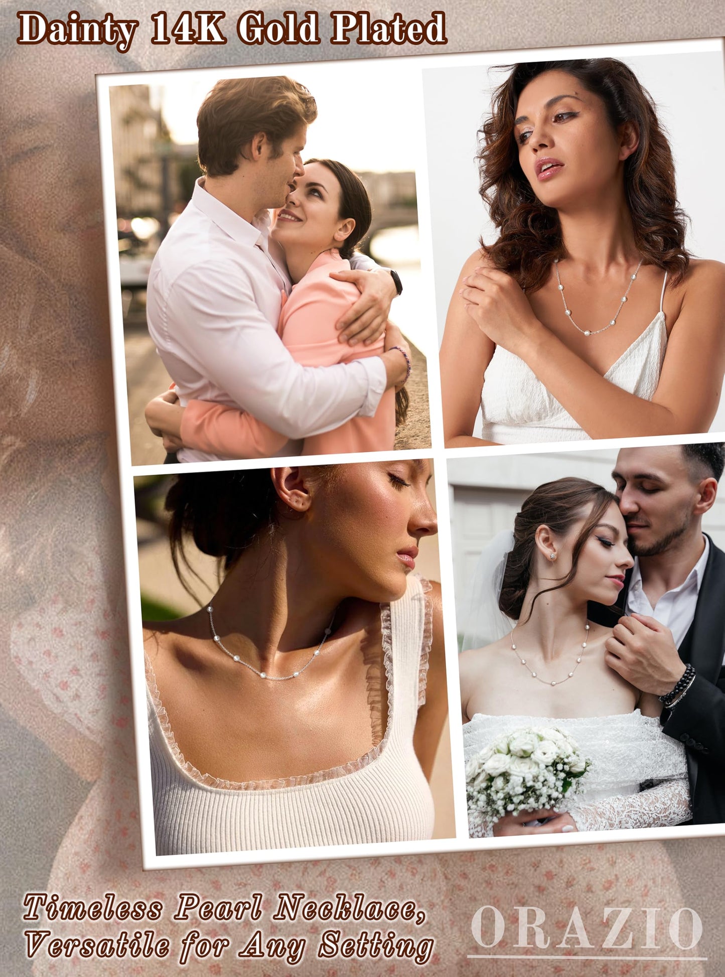 ORAZIO Dainty Gold Pearl Necklaces for Women, Silver Plated Faux Pearl Choker Necklaces Trendy Small Pearl Necklace Strand Wedding Prom Bridal Pearls Jewelry Gifts 20 in 8mm