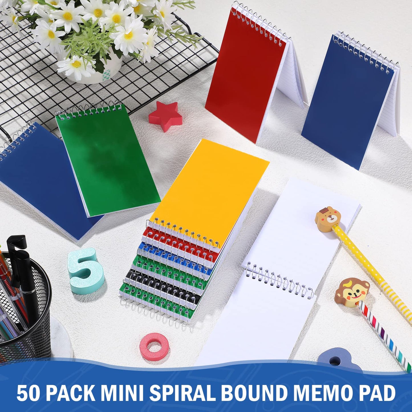 Teling 50 Pieces Spiral Memo Pads Bulk 3 x 5 Inch Small Note Pads Top Bound Lined College Ruled Paper Mini Notepad Pocket Spiral Notebooks for School Office Home Supplies, 75 Sheets (Bright Colors)