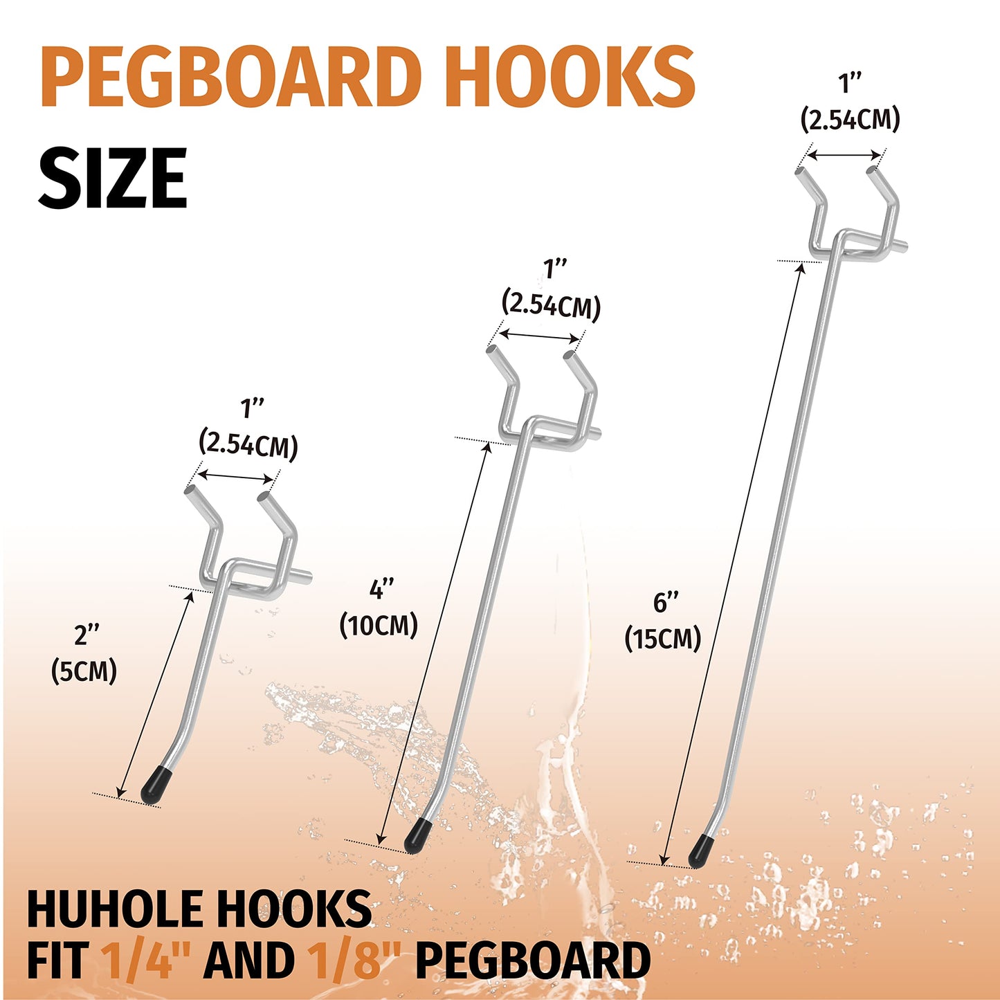 HUHOLE 50-Pack Silver Pegboard Hooks 6 Inch, Heavy Duty Matte Finish Metal Peg Board Hangers, Fits 1/8" & 1/4" Boards, Rust-Resistant Organizer for Garage, Shop, Workbench & Retail Display