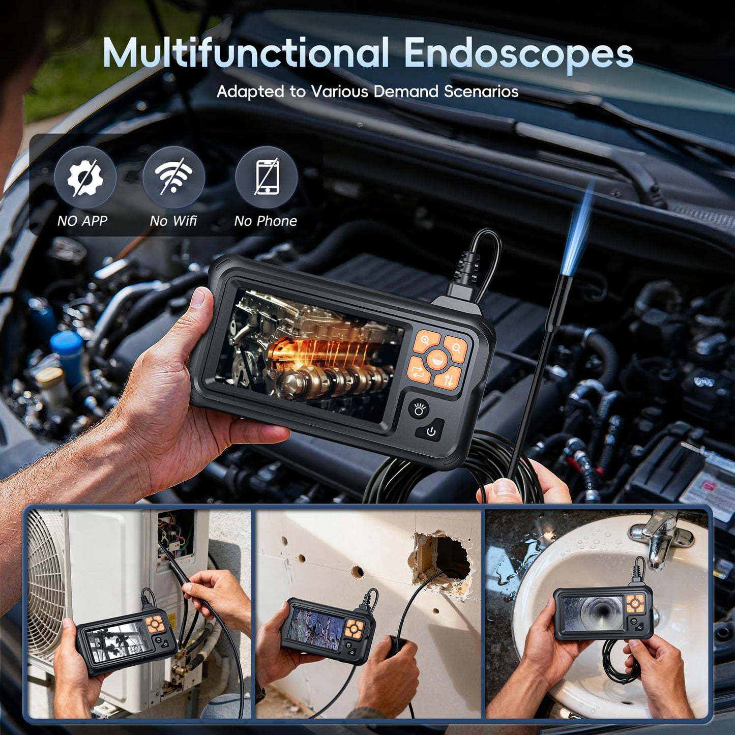 SKYBASIC Industrial Endoscope Borescope Camera with Light, 4.3'' HD Digital Handheld Waterproof Sewer Tools Snake Inspection Camera with 8 LED Lights 16.5FT Semi-Rigid Cable, Gadgets for Men