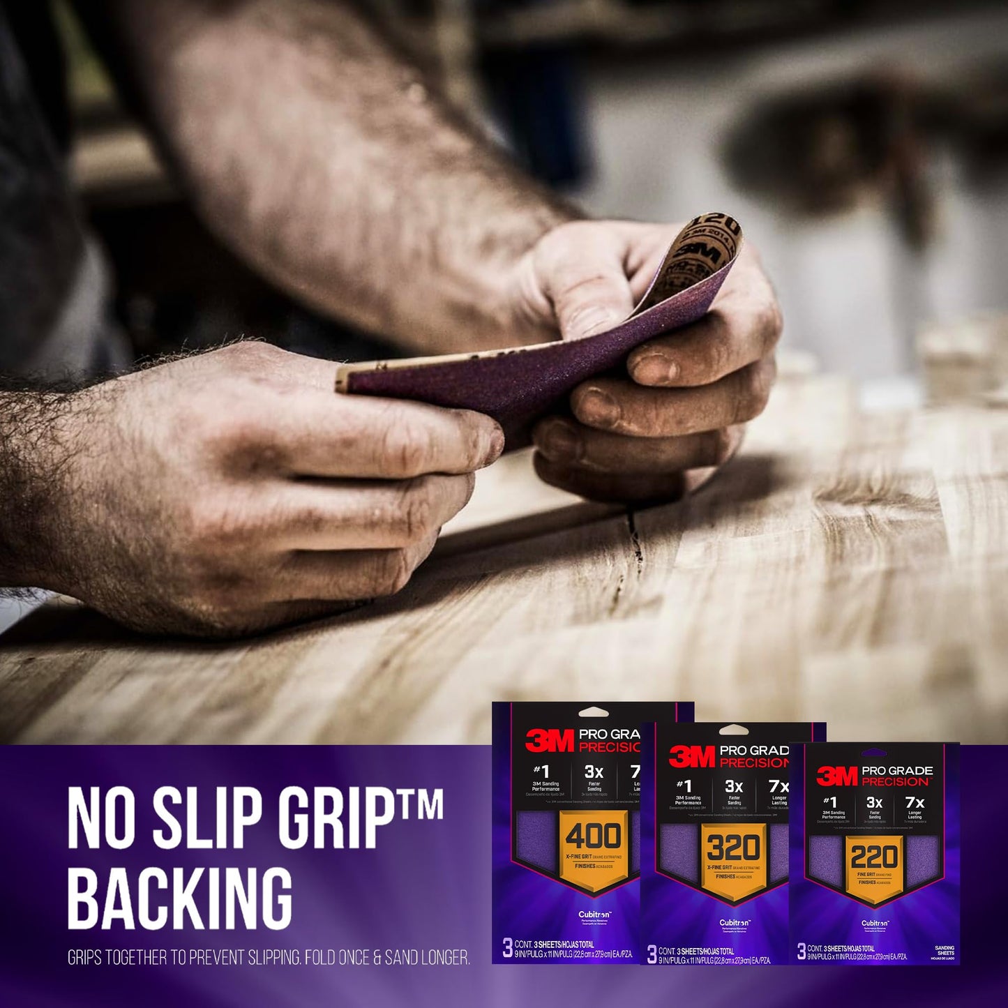 3M Pro Grade Precision Faster Sanding Sheets, NO-Slip Grip Backing, Assorted Grits 220/320/400, 9" x 11", 3 Sheets Each, 9 Total